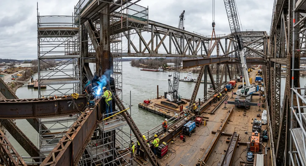 Crews welding on scaffolding during a steel truss bridge retrofit over a river