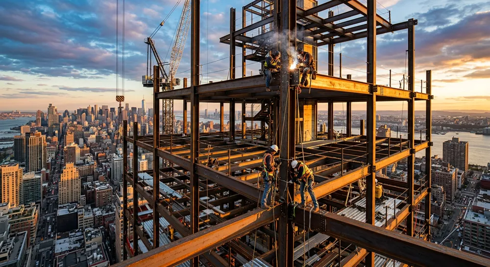 Ironworkers welding the steel frame of a high-rise above a city skyline at sunset