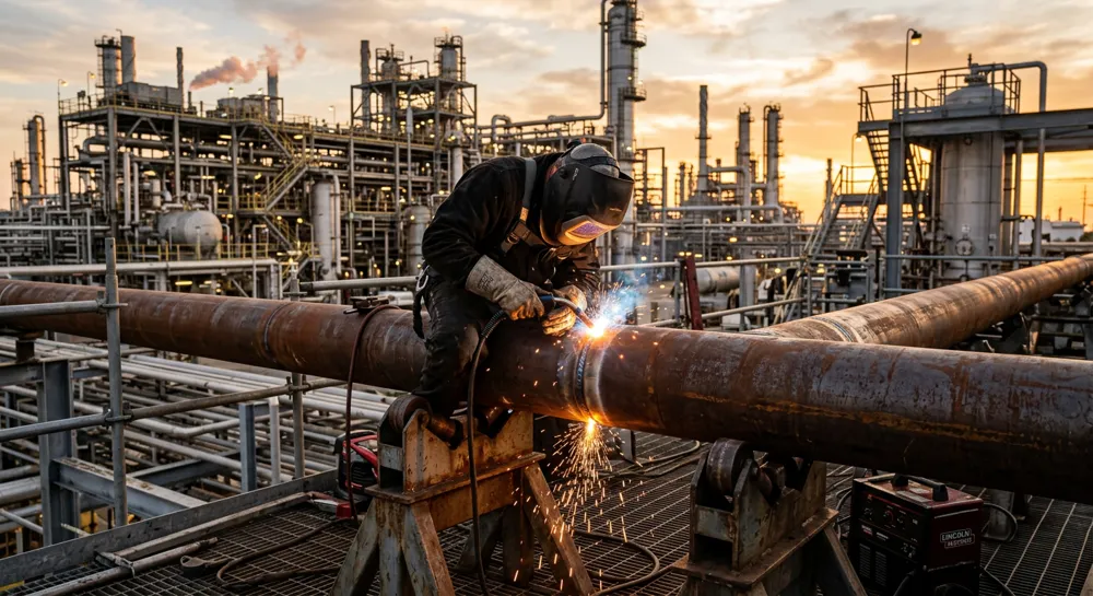 Welder joining a large pipe at a refinery at sunset