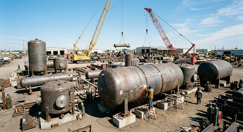 Fabricated steel storage tanks and cranes at an industrial terminal